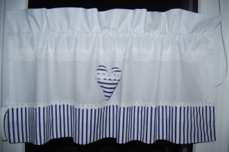 Zazdrostka lambrekin firanka paski granatowo białe koronka bawełna