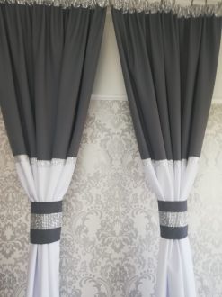 Zasłona biało grafitowa z taśmą diamentową glamour 