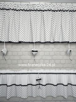 Lambrekin firanka biała w czarne groszki  koronka bawełna