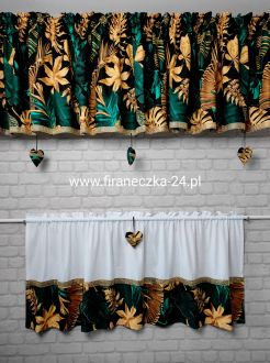 Lambrekin firanka czarna w złote zielone liście diamenty