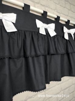 Lambrekin firanka czarna białe kokardki szelki koronka bawełna 