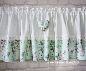 Zazdrostka lambrekin firanka biała miętowa różyczki motylki koronka bawełna 