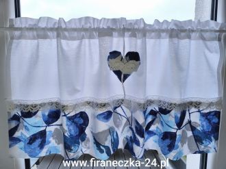 Zazdrostka lambrekin firanka biała w granatowe, niebieskie kwiaty koronka bawełna 