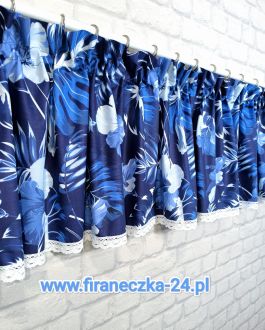 Lambrekin w kwiaty liście monstery granat niebieski biały w liście z koronką 