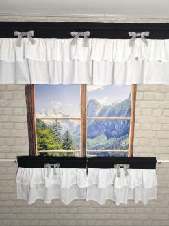 Lambrekin firanka czarna biała bawełna kokardki diamentowe srebrne