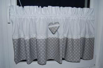 Zazdrostka lambrekin firanka groszki białe szare koronka bawełna 